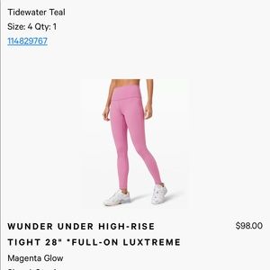 Wunder Under High-Rise Tight 28”. Full on Luxtreme. Magenta Glow. LuluLemon